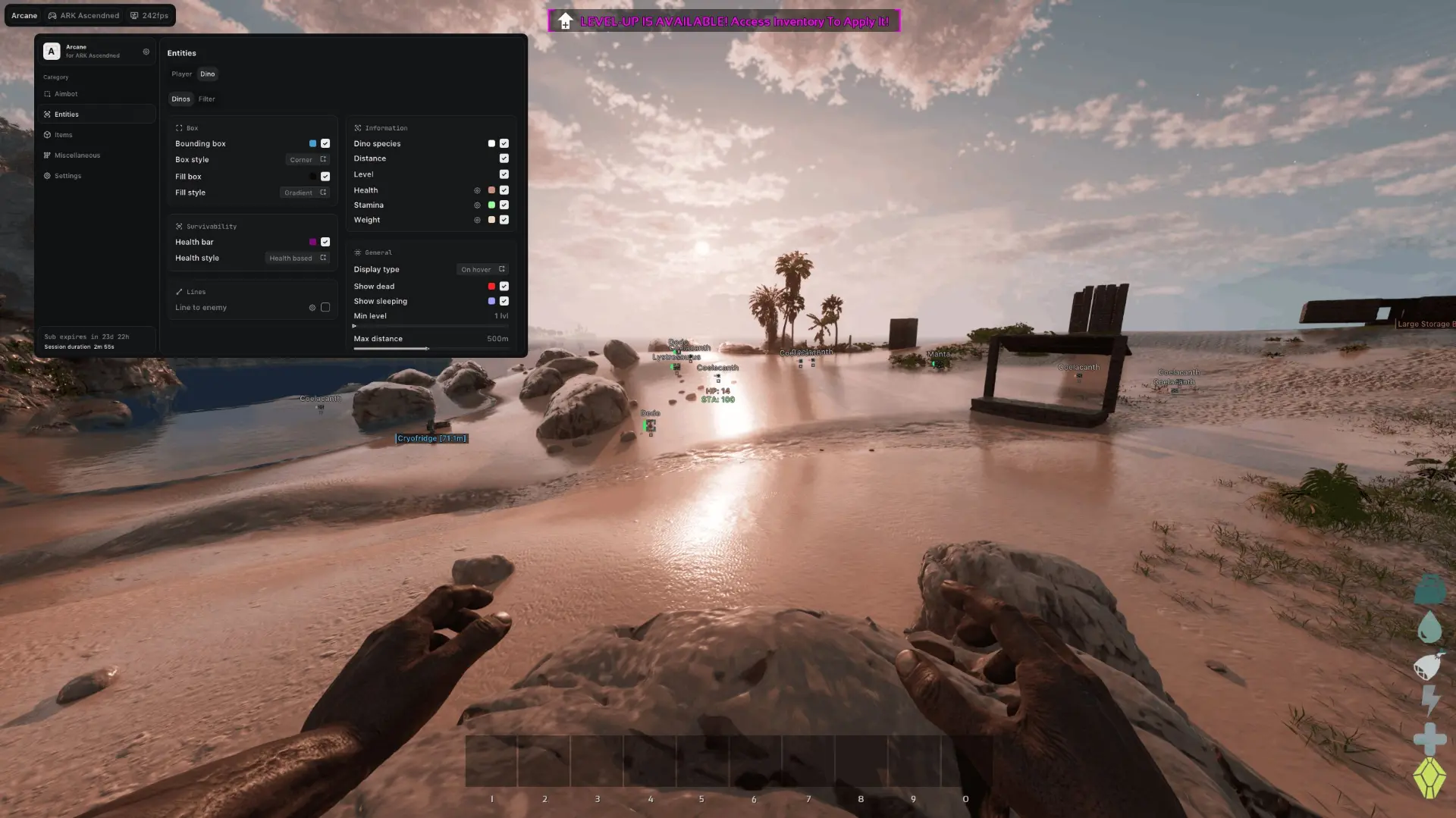 ARK Survival Ascended cheat dino ESP menu with bounding box, health and level settings