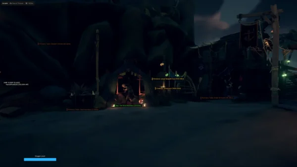 Sea of Thieves ESP tagging emissary tables, NPCs and a shipwreck at a night outpost