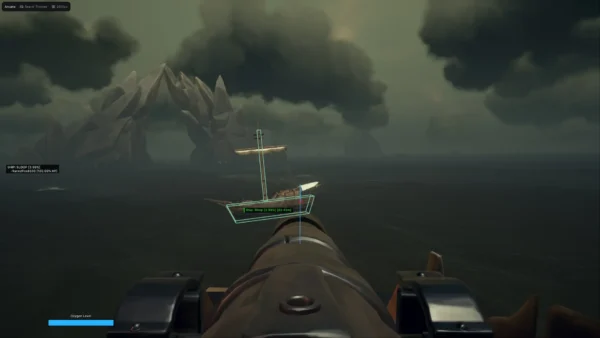 Sea of Thieves ship ESP boxing an enemy sloop with a cannon trajectory line